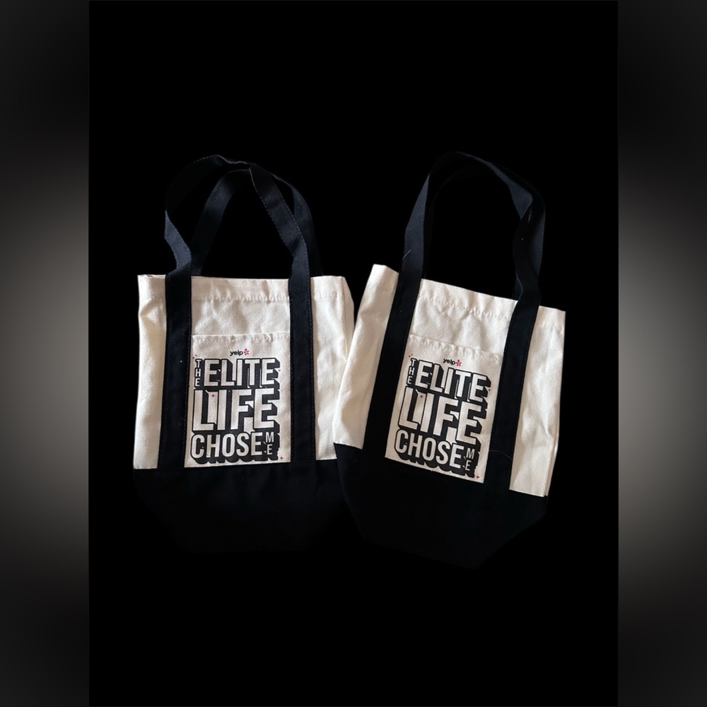 YELP's Canvas Tote Bag "The Elite Life Chose Me" in Black & White lot of TWO
